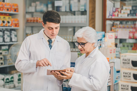 skilled pharmacist is consulting, analyzing the use of drugs to recommend and supervise patients according to prescriptions in modern pharmacies.の写真素材