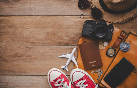 Travel accessories costumes. The cost of travel maps prepared for the trip.travel planning conceptの写真素材