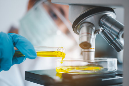 Female researchers are experimenting with pipette dropping a sample into a test tube in an experiment research in laboratory..の写真素材