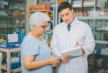 Pharmacist giving advice And advice for patients who come to buy Medicine, Drugs, Vitamins products, according to prescriptions in modern pharmacies.の写真素材