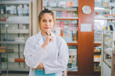 female pharmacist poses confidently welcoming, advising patients and prescription patients in a modern pharmacy.の写真素材