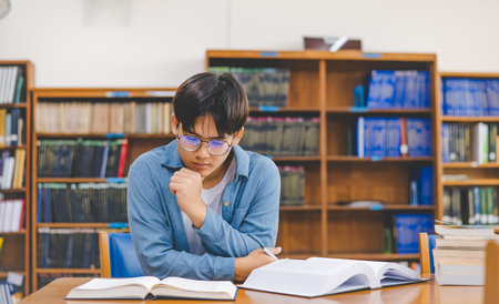 Male college students are working on laptops and searching for books to study, make reports, find...