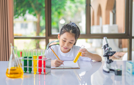 little scientist looking through a microscope and test tubes filled with chemicals for learning about science and experiments.の写真素材