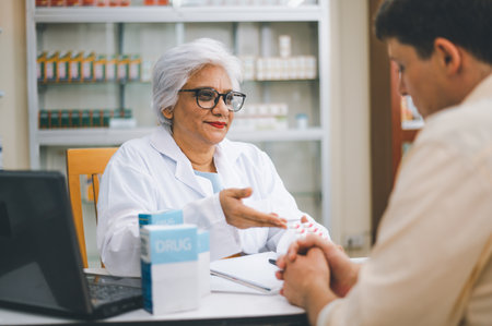 Pharmacist giving advice And advice for patients who come to buy Medicine, Drugs, Vitamins products, according to prescriptions in modern pharmacies.の写真素材