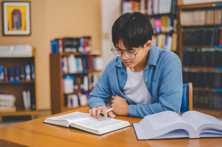 Male college students are working on laptops and searching for books to study, make reports, find...