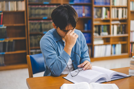 Students feel tired and stressed after working on their laptops and looking for books to study, make...