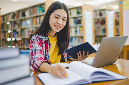 Female college student working on laptop and searching for books to study, make report, find useful...