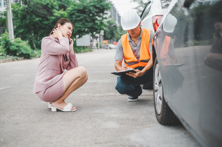 male insurance officer came to help inspect a customer's car that had an accident. Concept for vehicle crash, insurance claim.の写真素材