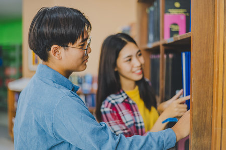 Students helping each other find books and consulting to study, make reports, find useful information on the bookshelves in the library. Concept of reading, learning and intelligence.の写真素材