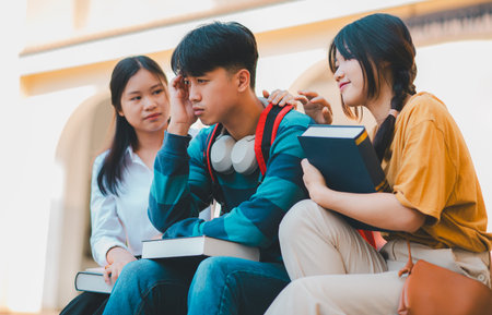 Fellow students are consoling friends who are disappointed in grades, frustrated with tasks that are not meeting their goals, helping each other.の写真素材