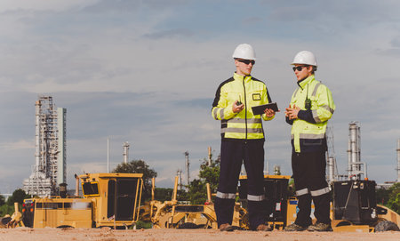 Two male engineers reviewing plans at a gas and oil construction site with machinery in the backgroundの写真素材