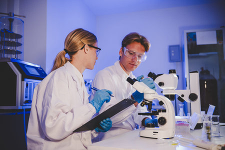 Researchers communicating over microscope findings in scientific laboratory environment with modern...