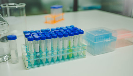 Close up of test tubes in blue cap rack on laboratory bench prepared for scientific experiment