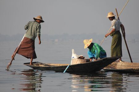 Men fishing on Inle Lake in Myanmar Feb 2015 No model release Editorial use onlyのeditorial素材