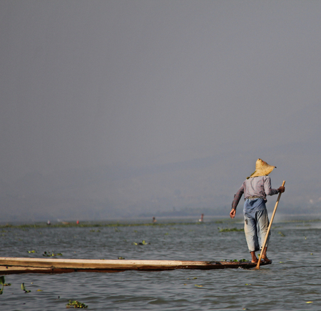 A man fishing on Inle Lake in Myanmar Feb 2015 No model release Editorial use onlyのeditorial素材