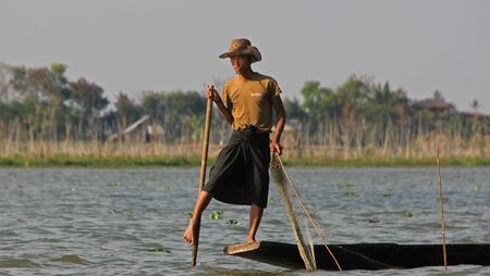 A man fishing on Inle Lake in Myanmar Feb 2015 No model release Editorial use onlyのeditorial素材