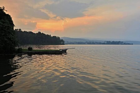 Amazing sunset in African Congo, wild and nature in Africa, beautiful landscape view, green jungle and mountainsの写真素材