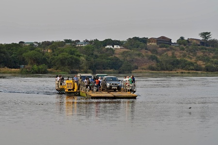 Car ferry travelling across river, African congoのeditorial素材