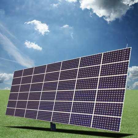 Solar panels generate electricity on a sunny dayの写真素材