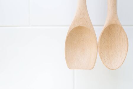 clean wood spoon and forkの写真素材