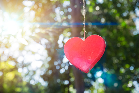sweet valentine's day. red heart hanging with green nature blur background.の写真素材