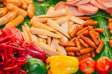 Colorful sausage, Meat product food danger from borax and coloringの写真素材