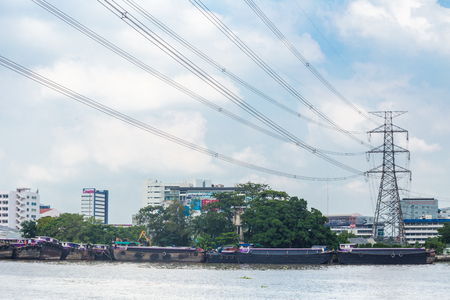 Bangkok,THAILAND-November 11 2016: High Voltage Electricity tower cable long across the Chaophraya river, Bangkok Thailand.のeditorial素材