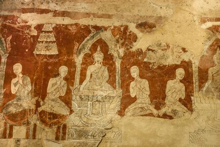 Ancient Buddha story paint in Thai Temple wall.の写真素材