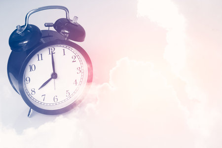double exposure of Retro clock with white sky background.