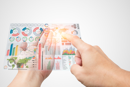 bring business marketing information in your hand and select data. modern exclusive management chart infographic display on over in manager male open palm on white backgroundの写真素材