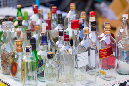 LAMPANG, THAILAND - 22 APRIL 2017: Liquor Spirits drink glass bottle collection for sale at street market in Thailand for collector.のeditorial素材