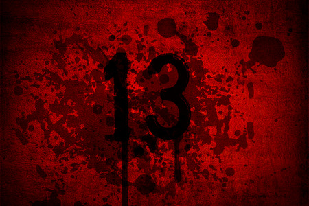 Blood and gore Thirteen Friday with 13th number on red background.の写真素材