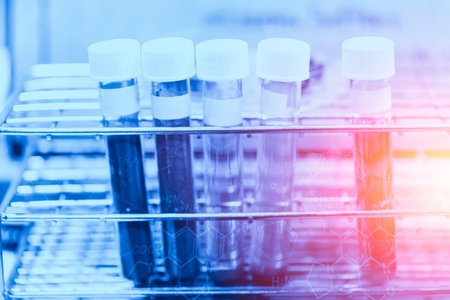 Medical research chemical lab concept - chemical sample science test in sci tube on blue color tone...