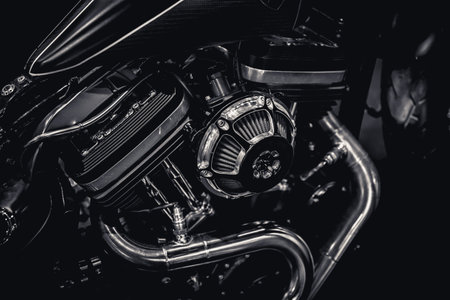 Motorcycle engine engine exhaust pipes art photography in black and white vintage tone