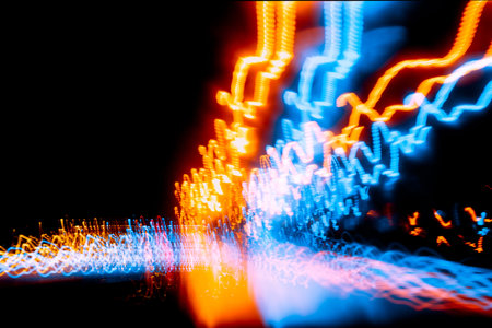 blur wave light trial motion night road driving fast speed abstract effect for background