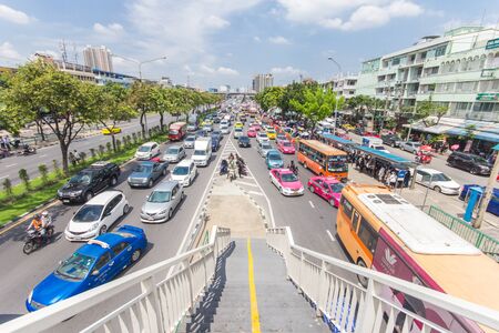 Bangkok road with a lot of cars and traffic jam wide angle view of transportation in Thailand metro 14 October 2016.のeditorial素材