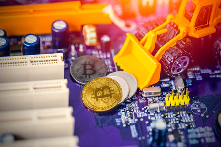 Bitcoin mining concept: Miniature Backhoe Loaders machine worker dig gold valuable coin miner on...