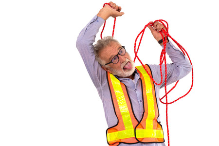 Funny senior engineer suicide rope. old man worker do self hanging dead neck posture isolated on white.の写真素材