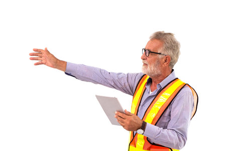 Senior Worker old man using Tablet technology to presentation posture isolated on white background.