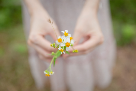 closeup woman hand hold camomile grass flower coat buttons flower shallow depth of fieldの写真素材