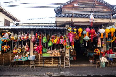 Colourful lantern shop in market sell for decoration in  Loy Krathong or Loi Krathong Event in Thailand November, 16 2018. Lampang, THAILAND.のeditorial素材
