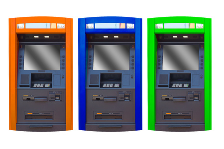 Automated teller machine (ATM) face isolated multiple colours isolated on white background.の写真素材