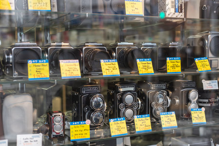 Vintage retro used film camera shop second hand sale in Osaka, Japan 18 January 2019.