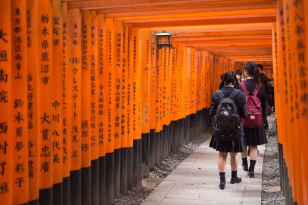Japanese student field trips walking at Fushimi Inari shrine red torii gates in Kyoto, Japan, 13 November 2017.のeditorial素材