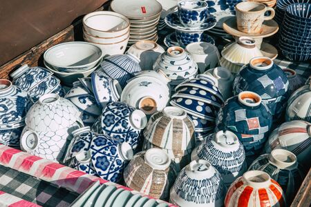 Japanese ceramic rice bowl authentic pattern hand craft paint made in japan sale at Kyoto, Japan, 28 November 2017.のeditorial素材