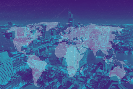 world map with city metro building background for business future connection concept.の写真素材