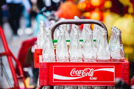 Coca Cola glass bottles of soda pop soft drinks are ship to sold in every restaurants and popular to drink and sell well around the world. 10 October 2018. Bangkok, THAILAND.のeditorial素材