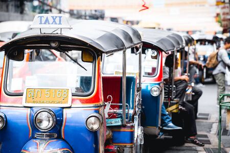 Tuk-Tuk Taxi Thai style public transportation in Bangkok popular in tourist for unique and fun travel sightseeing  around Bangkok city. 10 October 2018. Bangkok, THAILAND.のeditorial素材