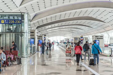Hong Kong International Airport transportation hub building interior. Hong Kong, 23 November 2017.のeditorial素材