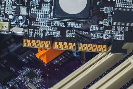 PCI Express graphics PCB card connector pin with Port slot in mother boardの写真素材